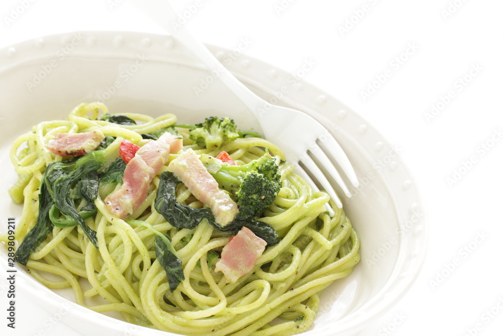 Homemade broccoli and green pasta with bacon
