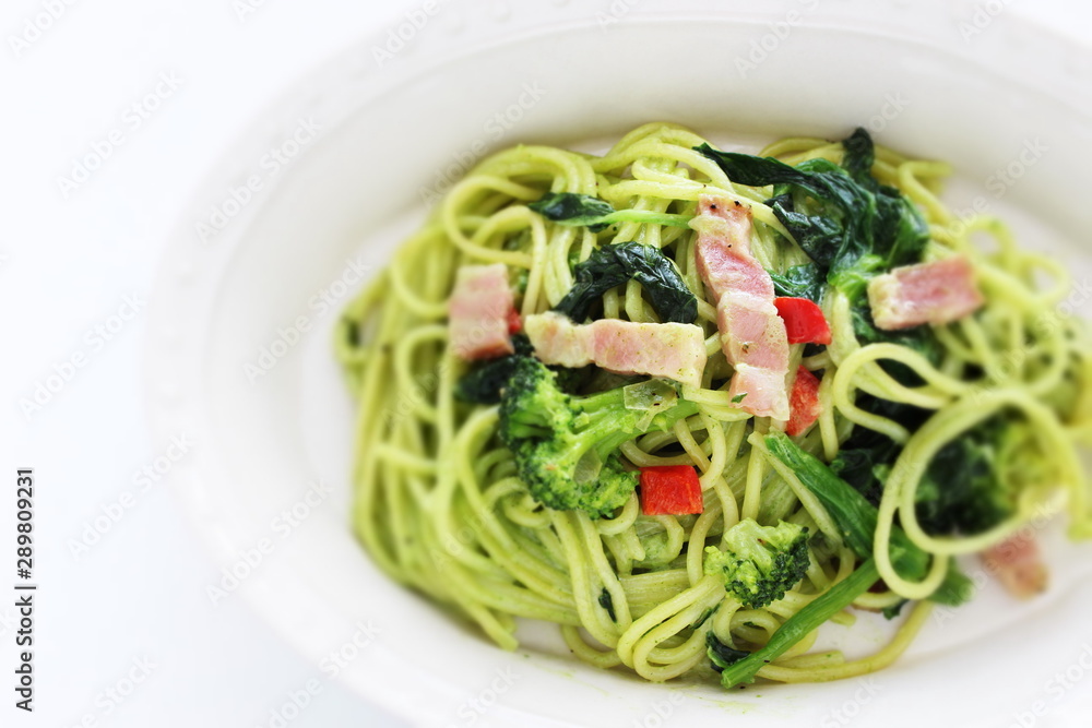 Homemade broccoli and green pasta with bacon Homemade broccoli and green pasta with bacon