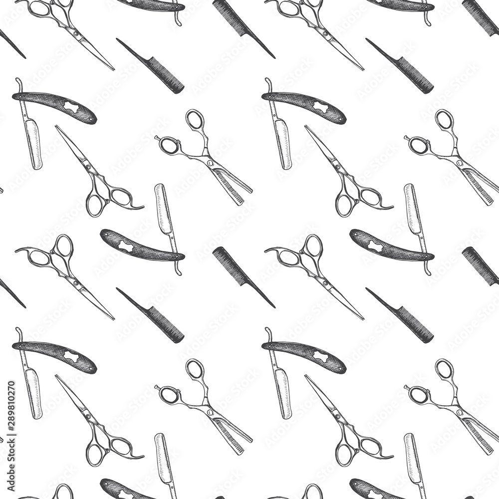 Hand drawn sketch pattern for barbershop. Accessories for the hairdresser, made in graphic style.