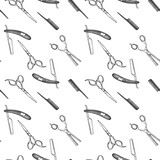 Hand drawn sketch pattern for barbershop. Accessories for the hairdresser, made in graphic style.