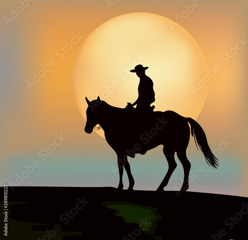 Cowboy on horse ride. Sunset. Vector poster