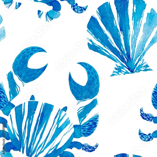 Watercolor seamless pattern with blue sea shell and crab. Seafood watercolor background. Sea shell illustration
