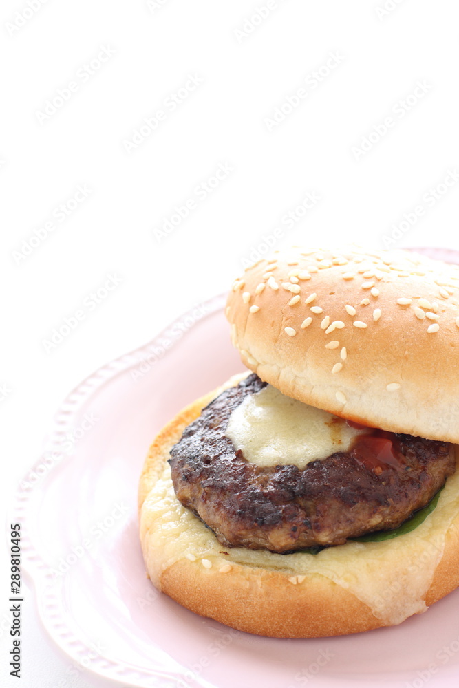 Homemade patty burger on dish for comfort food image