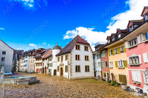 Old town buildings and fountain in Brugg town, Canton Aargau, Switzerland
