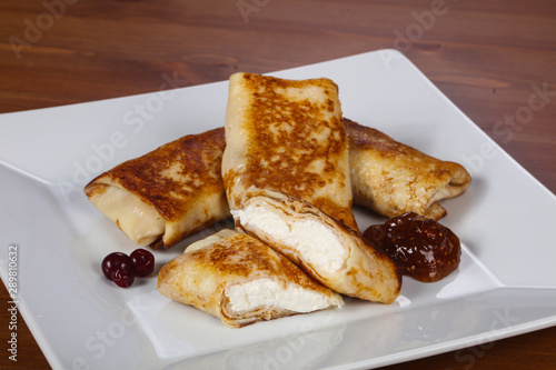 Pancakes stuffed curd with jam