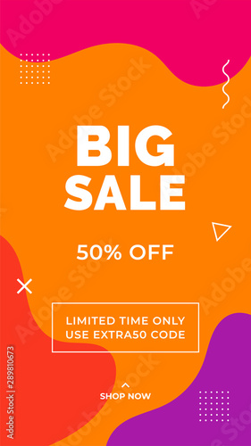 Big sale 50% off discount promotion simple social media story vertical poster template. Colorful abstract minimal fluid liquid geometric shape frame vector illustration background design