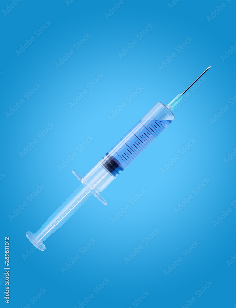 Syringe with medication for injection isolated on blue background with clipping path. 3d render illustration Syringe with medication for injection isolated on blue background with clipping path. 3d render illustration