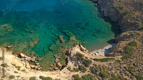 Aerial drone photo of emerald crystal clear sea rocky beach of Plakes in famous island of Astypalaia, Dodecanese, Greece