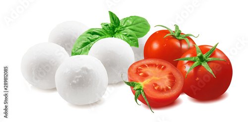 Cherry tomatoes, green basil, mozzarella bocconcini isolated on white background photo