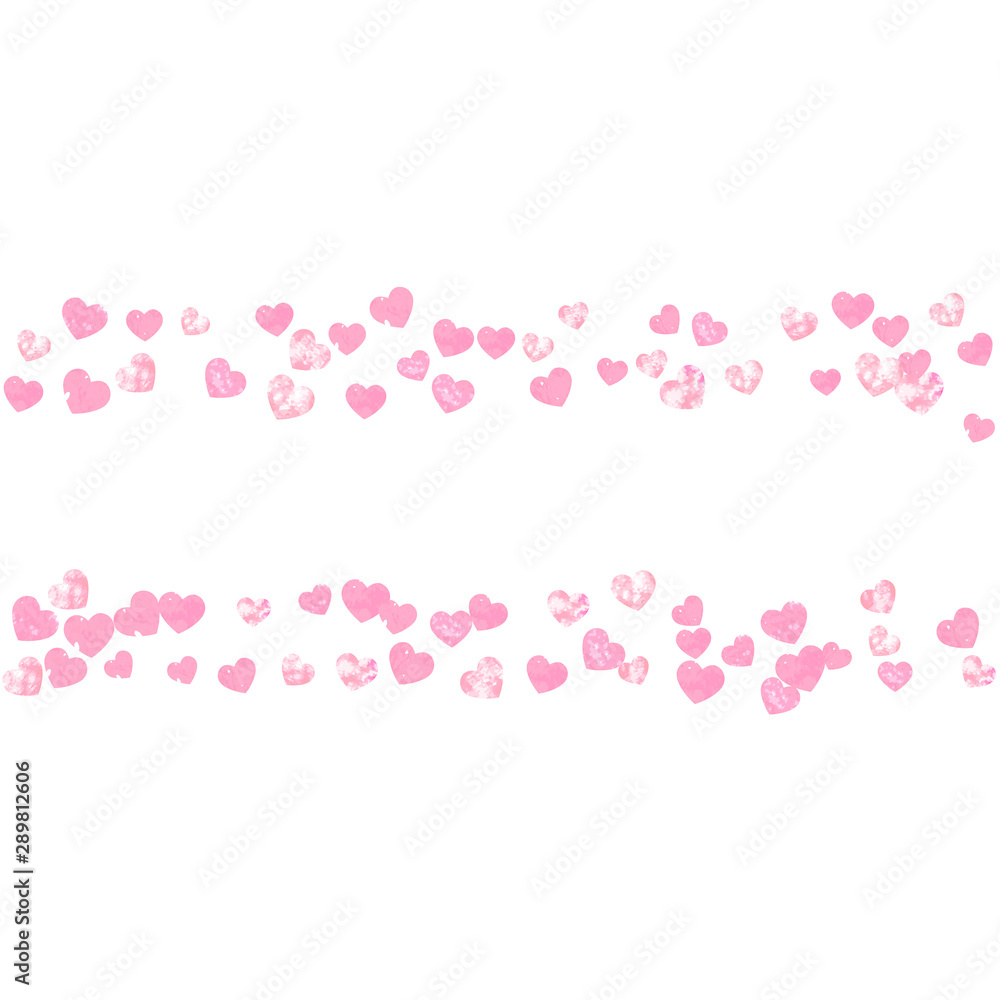 Pink glitter hearts confetti on isolated backdrop. Sequins with metallic shimmer and sparkles. Template with pink glitter hearts for party invitation, event banner, flyer, birthday card.