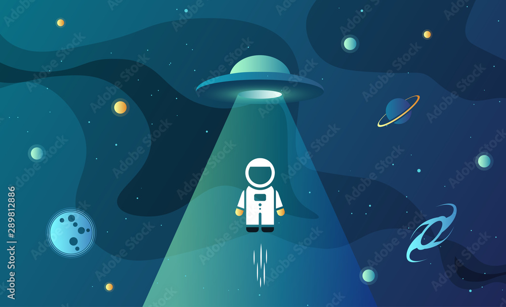 Naklejka premium Space exploration modern background design with an alien ship in cosmos and flying Astronaut. Cute gradient template with Spaceship, Moon and Stars for poster, banner or website page