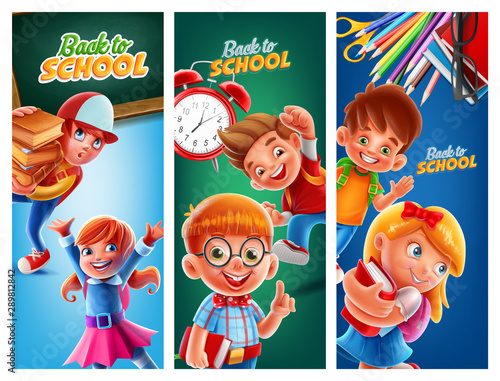 set of happy children go to school