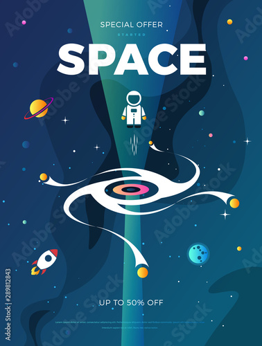 Space exploration modern vertical poster design with a Black Hole and Galaxy in cosmos. Cute time travel quantum physics template vector scientific illustration with a portal
