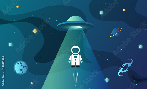 Space exploration modern background design with an alien ship in cosmos and flying Astronaut. Cute gradient template with Spaceship, Moon and Stars for poster, banner or website page