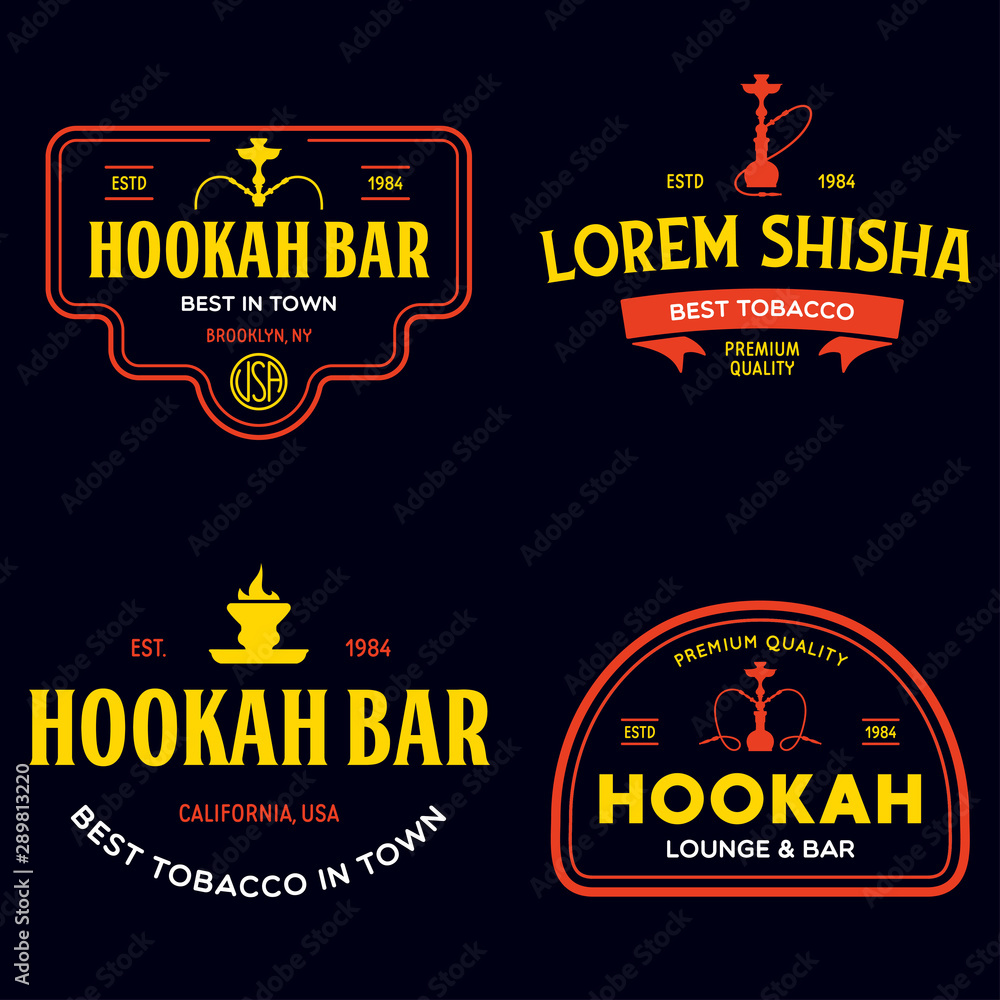 Set of hookah labels, badges and design elements. Hookah club. Shisha bar. Hookah lounge logo. Hookah pipes.