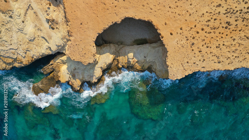 Aerial drone photo of volcanic formations of Gala rocky seascape in Pano Koufonisi island, Small Cyclades, Greece
