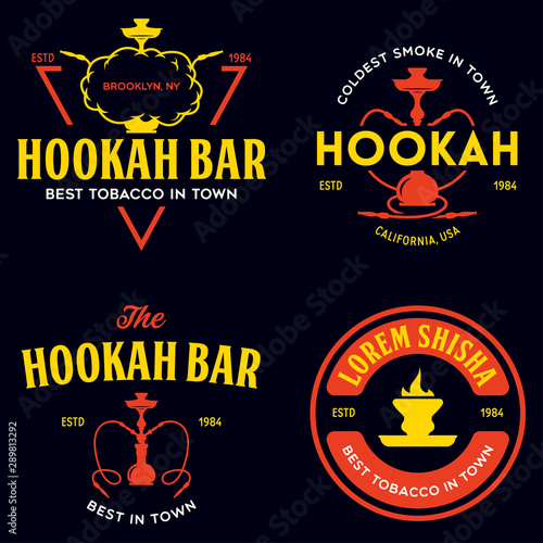 Set of hookah labels, badges and design elements. Hookah club. Shisha bar. Hookah lounge logo. Hookah pipes.