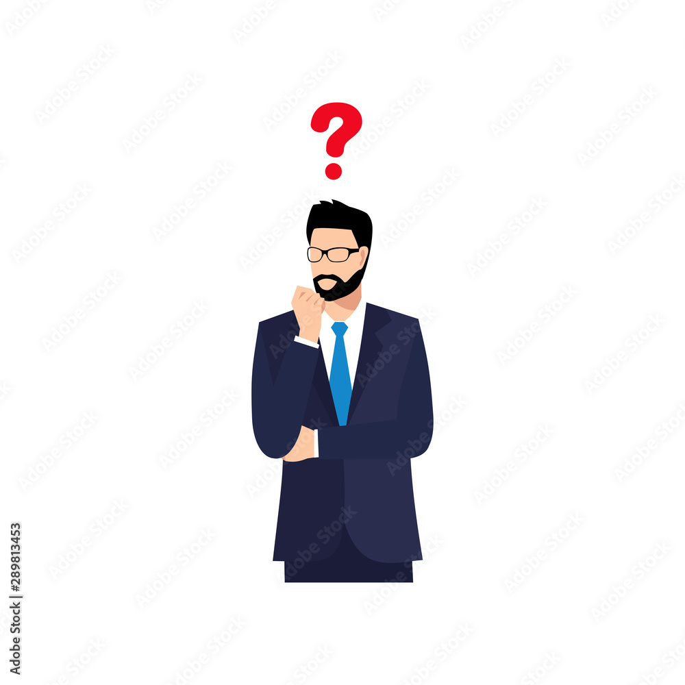 Businessman With question marks. Man with question. Vector male character solving problem. Dilemma of businessman Businessman With question marks. Man with question. Vector male character solving problem. Dilemma of businessman