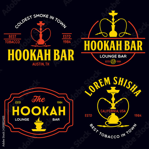 Set of hookah labels, badges and design elements. Hookah club. Shisha bar. Hookah lounge logo. Hookah pipes.