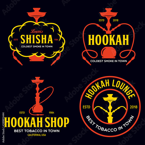 Set of hookah labels, badges and design elements. Hookah club. Shisha bar. Hookah lounge logo. Hookah pipes.