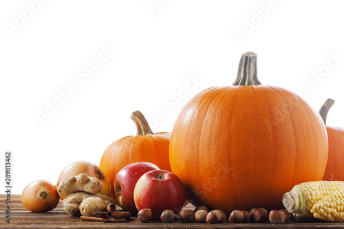 Autumn harvest on wooden table