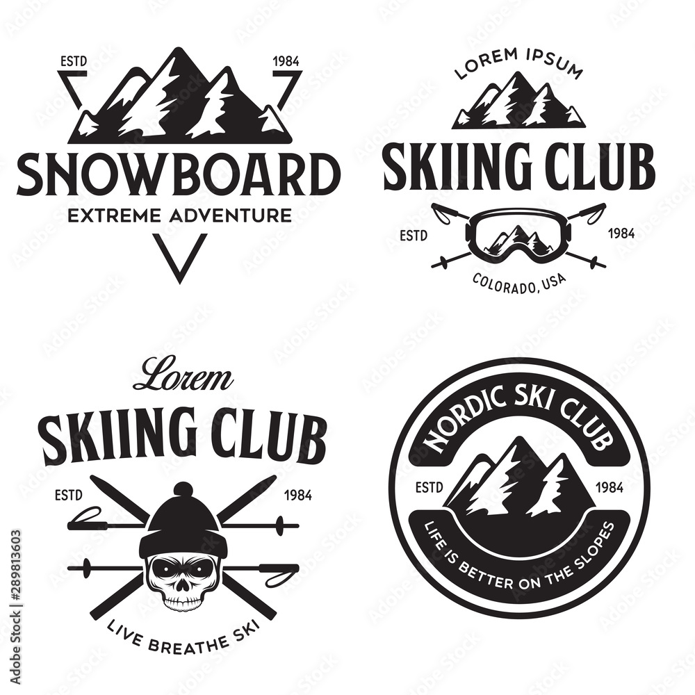 Vettoriale Stock Vintage ski or winter sports logos, badges, emblems,  design elements. Vector illustration. Monochrome Graphic Art. | Adobe Stock
