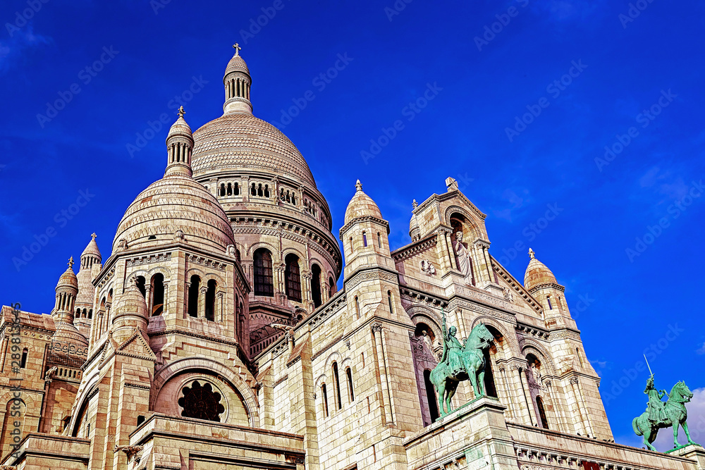 Old photo with view of Basilica Sacre Coeur in Montmartre, Paris, France