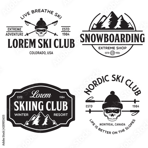 Vintage ski or winter sports logos, badges, emblems, design elements. Vector illustration. Monochrome Graphic Art.