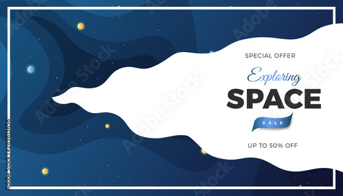 Space background design. Cute flat style banner template with stars, planets in deep Cosmos