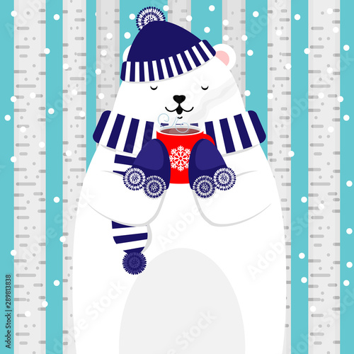 Cute polar bear holding a hot chocolate cup