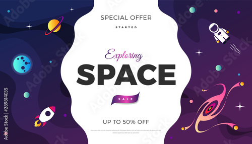 Space exploration modern background design with a Galaxy, Astronaut, Rocket, Moon, Planets and Stars in cosmos. Cute pink color template for website page or banner vector illustration