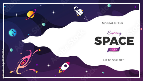 Space exploration modern background design with a Galaxy, Astronaut, Rocket, Moon, Planets and Stars in cosmos. Cute pink color template for website page or banner vector illustration
