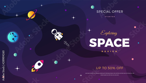 Space exploration modern background design with a Galaxy, Astronaut, Rocket, Moon, Planets and Stars in cosmos. Cute pink color template for website page or banner vector illustration