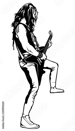 The Hard Rock Guitarist plays solo - Black and White Drawing Illustration with Musician, Vector Graphic