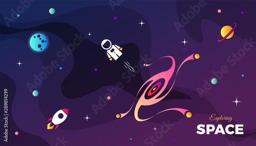 Space exploration modern background design with a Galaxy, Astronaut, Rocket, Moon, Planets and Stars in cosmos. Cute pink color template for website page or banner vector illustration © Premium_art