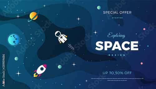 Fotografia Space exploration modern background design with a Galaxy, Astronaut, Rocket, Moon, Planets and Stars in cosmos