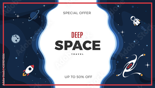 Space exploration modern background design with a Galaxy, Astronaut, Rocket, Moon, Planets and Stars in cosmos. Cute blue color vintage template for website page or retro banner vector illustration