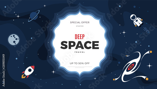 Space exploration modern background design with a Galaxy, Astronaut, Rocket, Moon, Planets and Stars in cosmos. Cute blue color vintage template for website page or retro banner vector illustration