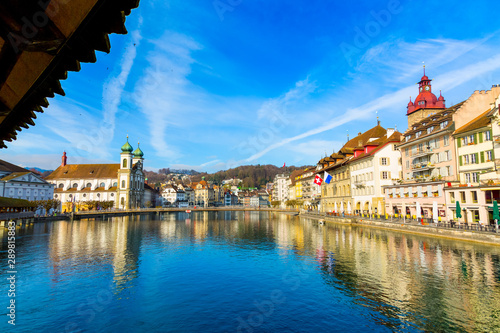 Old town buildings and bridge in Lucerne city in Switzerland
