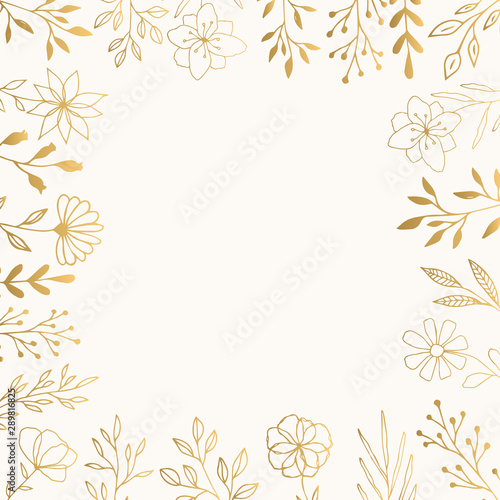 Golden frame with flowers, herb, leaves. Vector isolated illustration. 
