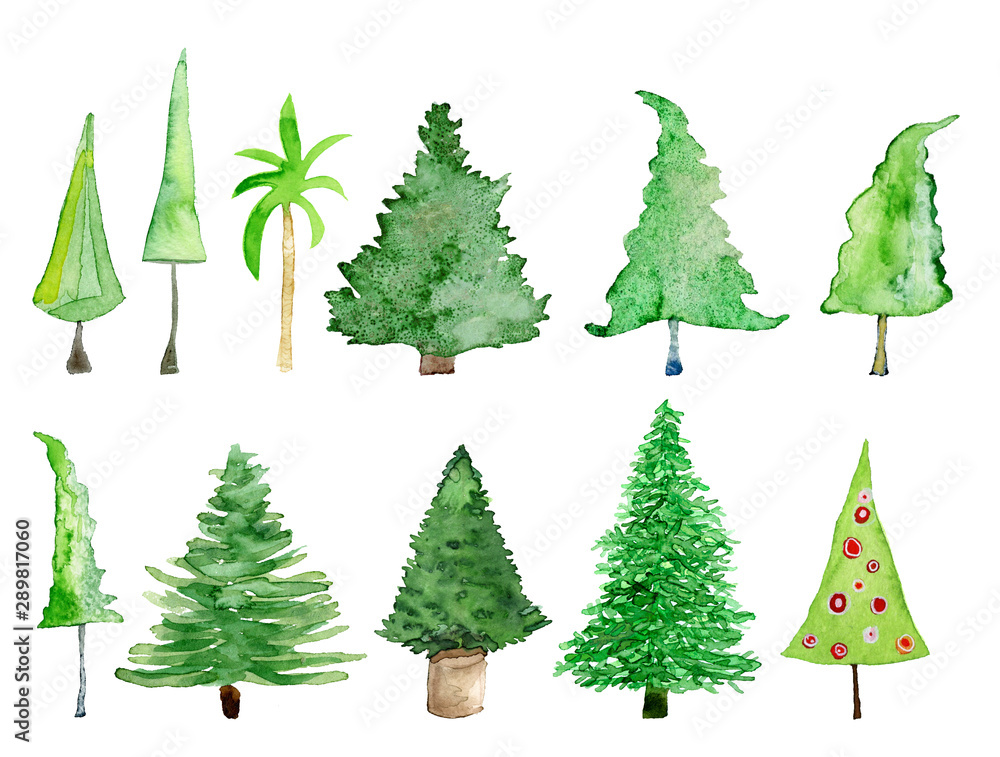 Bäume und Weihnachtsbäume, Aquarell auf Papier