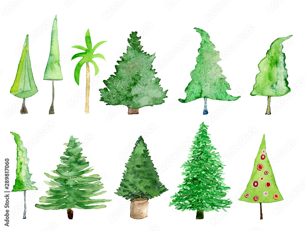 Obraz premium Bäume und Weihnachtsbäume, Aquarell auf Papier