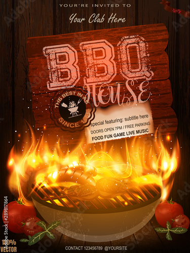 Bbq party invitation with grill, food elements and fire on wooden. Barbecue poster. Food flyer. Vector design for celebration, invitation, greeting card.