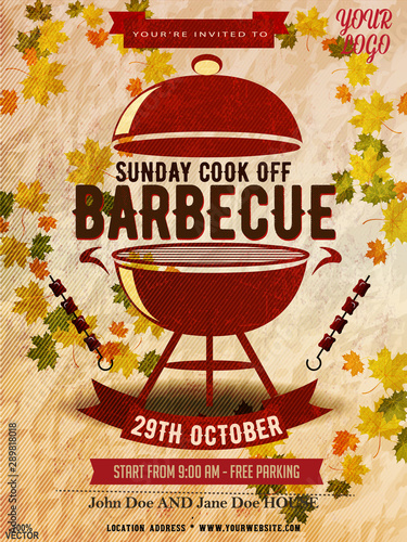 BBQ party invitation template on autumn yellow. Summeror fall Barbecue weekend flyer. Grill illustration with food sketches elements. Vector design for celebration, invitation, greeting card.