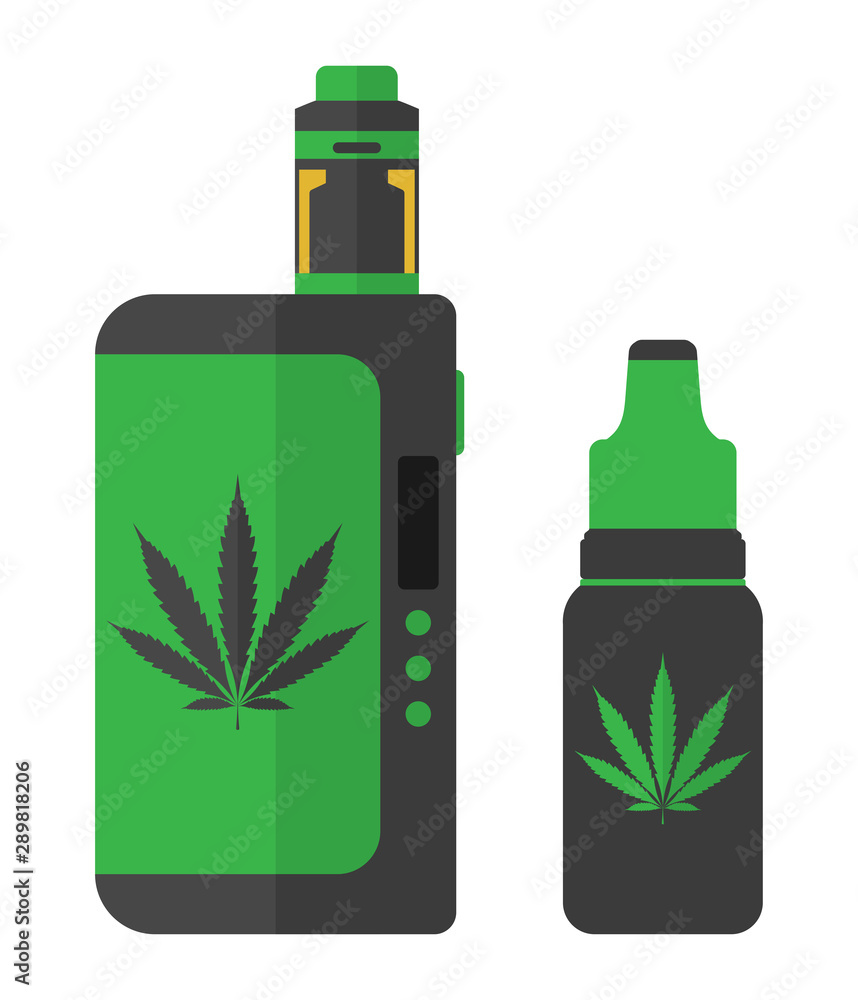 Cannabis vaping illustration. Liquid bottle and box mod with cannabis sign. Cannabis vaping illustration. Liquid bottle and box mod with cannabis sign.