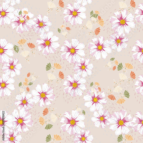 Abstract grunge shapes and flowers wild chamomile seamless pattern. Daisy flower vector background.
