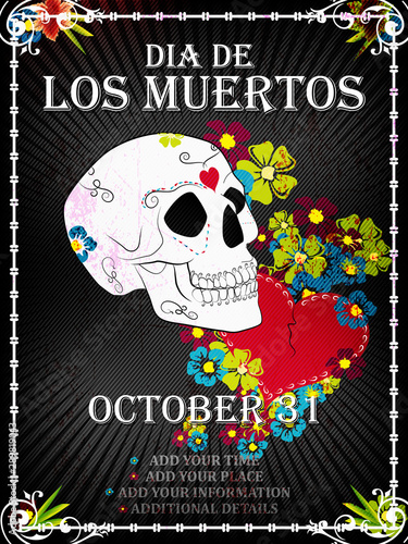 Dia de los moertos means Day of the dead, banner with colorful Mexican flowers. Fiesta, holiday poster, party flyer, funny greeting card.
