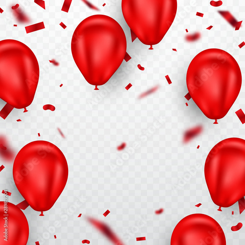 Vector red helium balloon and falling confetti can be separated from a transparent background.