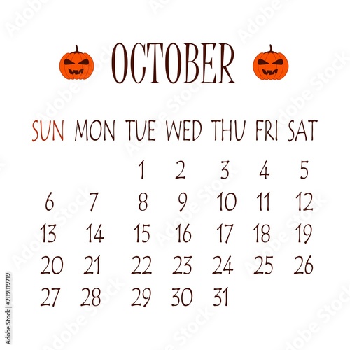 Calendar for October 2019 with pumpkins