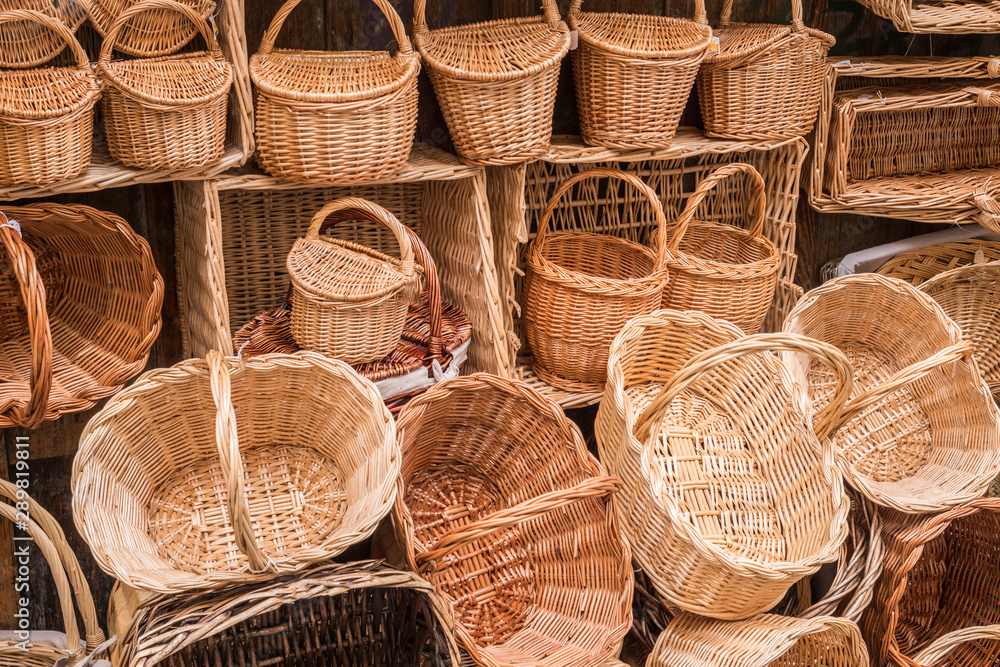 Wicker hand-made baskets at the shop of a touristic street of Segovia Castilla and Leon Spain. Wicker hand-made baskets at the shop of a touristic street of Segovia Castilla and Leon Spain.